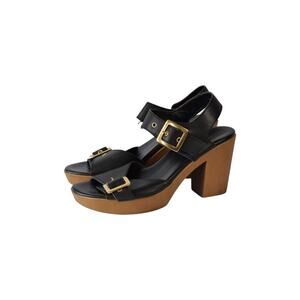 Y2K Black Leather Platform Sandals - Gold Buckle Chunky Wood Heel Size 9